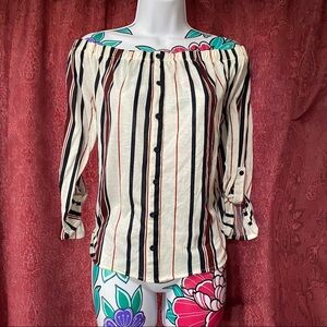 Fue 21 Cream Navy Red Stripe Off Shoulder Shirt
